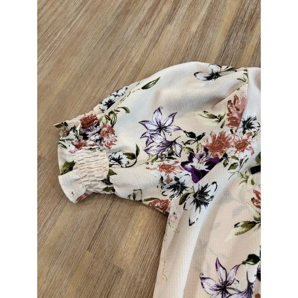 Moa Moa Off White Floral Collared Blouse with Tie Size M - Picture 4 of 10